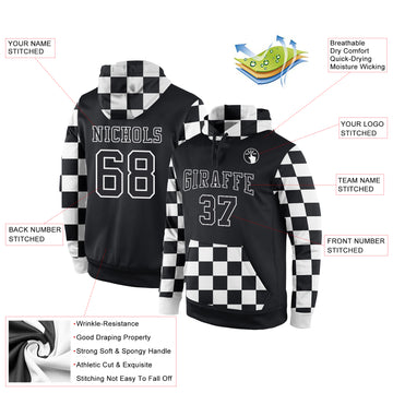 Custom Stitched Black Black-White Sports Pullover Sweatshirt Hoodie