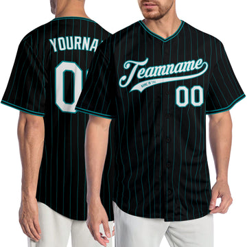 Custom Black Teal Pinstripe White-Teal Authentic Baseball Jersey