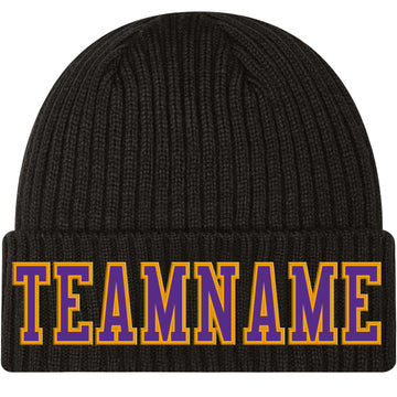 Custom Black Purple-Gold Stitched Cuffed Knit Hat