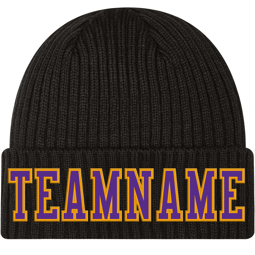 Custom Black Purple-Gold Stitched Cuffed Knit Hat