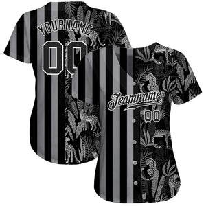Custom Black Black-Gray 3D Pattern Design Leopards And Tropical Palm Leaves Authentic Baseball Jersey