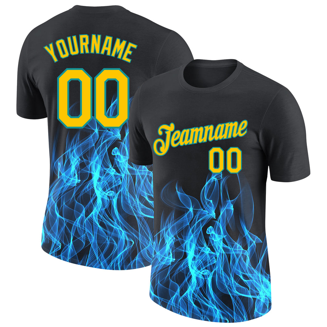 Custom Black Gold-Aqua 3D Pattern Design Flame Performance T-Shirt