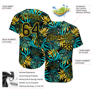 Custom Black Black-Gold 3D Pattern Design Tropical Palm Leaves Authentic Baseball Jersey
