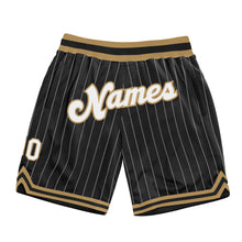 Load image into Gallery viewer, Custom Black White Pinstripe White-Old Gold Authentic Basketball Shorts
