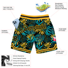 Load image into Gallery viewer, Custom Black Black-Gold 3D Pattern Design Tropical Palm Leaves Authentic Basketball Shorts
