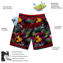 Load image into Gallery viewer, Custom Black Black-Red 3D Pattern Design Tropical Palm Leaves Authentic Basketball Shorts
