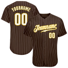 Load image into Gallery viewer, Custom Brown White Pinstripe White-Gold Authentic Baseball Jersey
