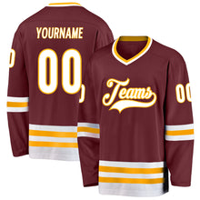 Load image into Gallery viewer, Custom Burgundy White-Gold Hockey Jersey
