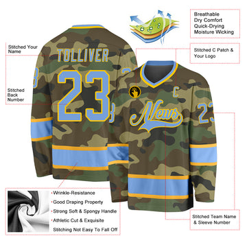 Custom Camo Light Blue-Gold Salute To Service Hockey Jersey