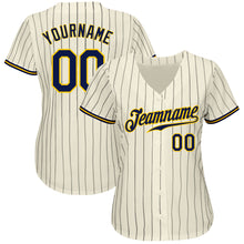 Load image into Gallery viewer, Custom Cream Navy Pinstripe Navy-Gold Authentic Baseball Jersey
