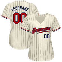 Load image into Gallery viewer, Custom Cream Navy Pinstripe Navy-Red Authentic Baseball Jersey
