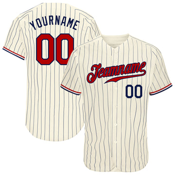 Custom Cream Navy Pinstripe Navy-Red Authentic Baseball Jersey