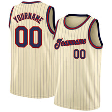 Load image into Gallery viewer, Custom Cream Navy Pinstripe Navy-Red Authentic Basketball Jersey
