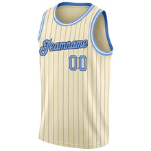 Load image into Gallery viewer, Custom Cream Navy Pinstripe Light Blue-Black Authentic Basketball Jersey
