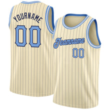 Load image into Gallery viewer, Custom Cream Navy Pinstripe Light Blue-Black Authentic Basketball Jersey
