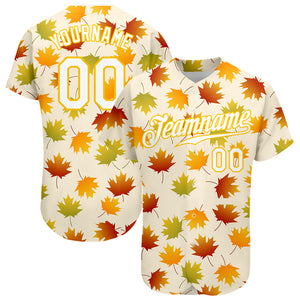 Custom Cream White-Gold 3D Pattern Design Maple Leaf Authentic Baseball Jersey