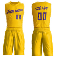 Load image into Gallery viewer, Custom Gold Purple Round Neck Suit Basketball Jersey
