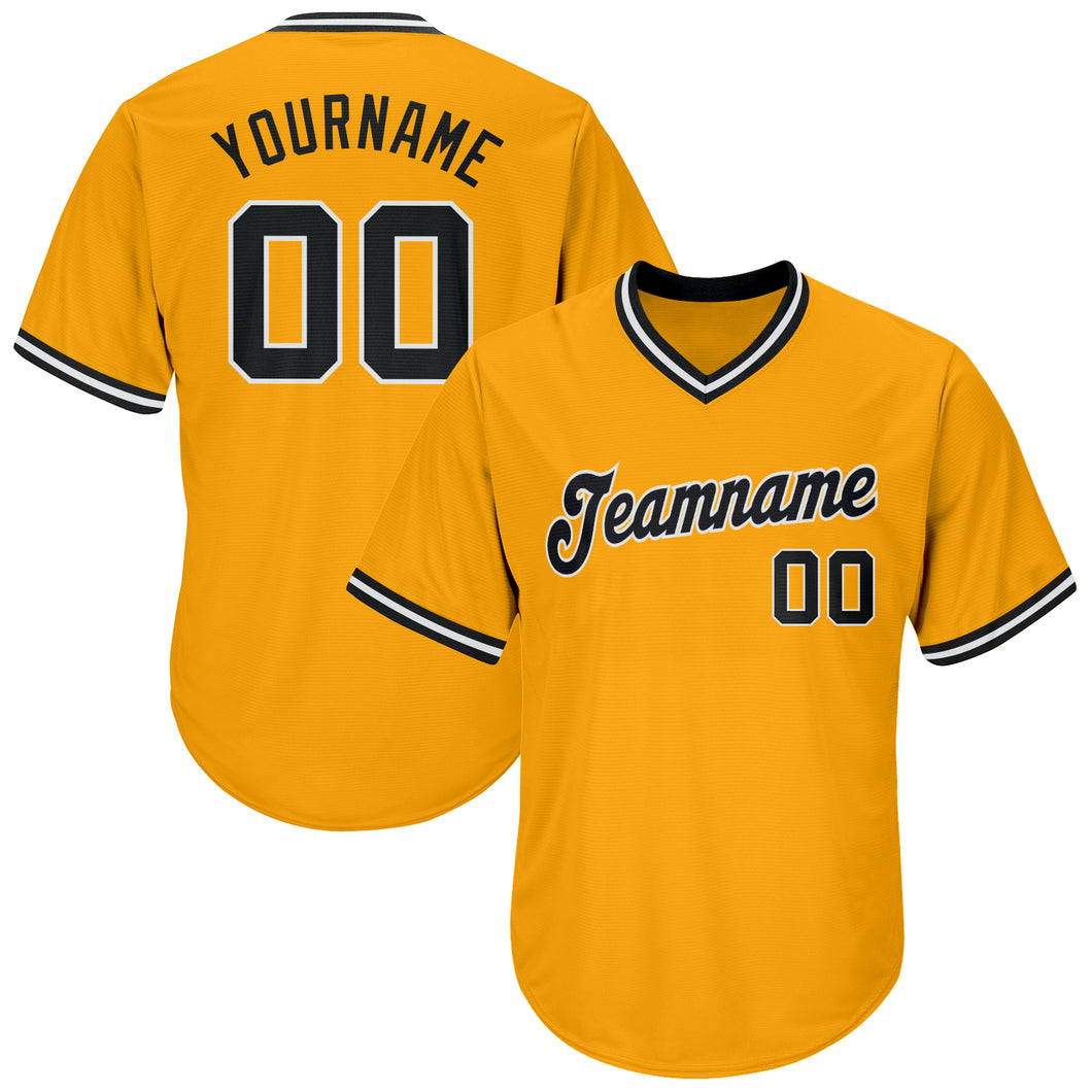 Custom Gold Black-White Authentic Throwback Rib-Knit Baseball Jersey Shirt