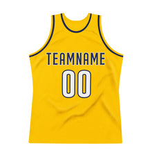 Load image into Gallery viewer, Custom Gold White-Navy Authentic Throwback Basketball Jersey
