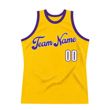 Laden Sie das Bild in den Galerie-Viewer, Custom Gold White-Purple Authentic Throwback Basketball Jersey
