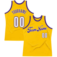 Laden Sie das Bild in den Galerie-Viewer, Custom Gold White-Purple Authentic Throwback Basketball Jersey
