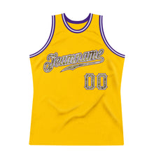 Load image into Gallery viewer, Custom Gold Camo-Purple Authentic Throwback Basketball Jersey
