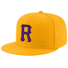 Laden Sie das Bild in den Galerie-Viewer, Custom Gold Purple-Black Stitched Adjustable Snapback Hat
