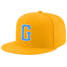 Laden Sie das Bild in den Galerie-Viewer, Custom Gold Powder Blue-White Stitched Adjustable Snapback Hat
