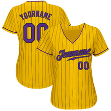Load image into Gallery viewer, Custom Yellow Black Pinstripe Purple-Black Authentic Baseball Jersey
