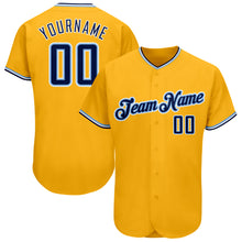 Load image into Gallery viewer, Custom Gold Navy-Light Blue Authentic Baseball Jersey
