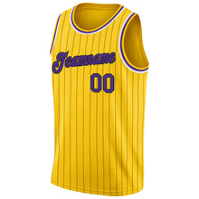 Загрузить изображение в средство просмотра галереи, Custom Gold Black Pinstripe Purple-White Authentic Basketball Jersey
