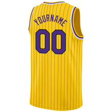 Загрузить изображение в средство просмотра галереи, Custom Gold Black Pinstripe Purple-White Authentic Basketball Jersey
