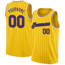 Загрузить изображение в средство просмотра галереи, Custom Gold Black Pinstripe Purple-White Authentic Basketball Jersey
