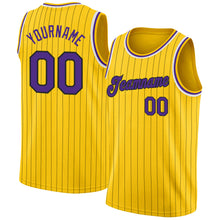 Load image into Gallery viewer, Custom Gold Black Pinstripe Purple-White Authentic Basketball Jersey
