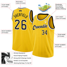 Load image into Gallery viewer, Custom Gold Black Pinstripe Black-White Authentic Basketball Jersey
