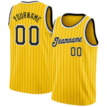 Загрузить изображение в средство просмотра галереи, Custom Gold Black Pinstripe Black-White Authentic Basketball Jersey
