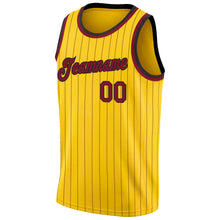Load image into Gallery viewer, Custom Gold Black Pinstripe Maroon-Black Authentic Basketball Jersey
