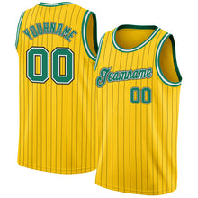 Load image into Gallery viewer, Custom Gold Black Pinstripe Kelly Green-White Authentic Basketball Jersey
