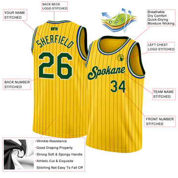 Custom Gold Black Pinstripe Green-Cream Authentic Basketball Jersey