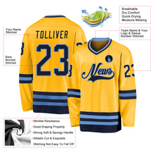 Load image into Gallery viewer, Custom Gold Navy-Light Blue Hockey Jersey
