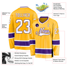 Laden Sie das Bild in den Galerie-Viewer, Custom Gold White-Purple Hockey Jersey
