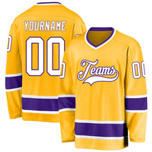 Laden Sie das Bild in den Galerie-Viewer, Custom Gold White-Purple Hockey Jersey
