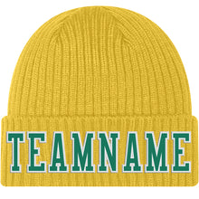 Load image into Gallery viewer, Custom Gold Kelly Green-White Stitched Cuffed Knit Hat
