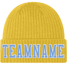 Load image into Gallery viewer, Custom Gold Light Blue-White Stitched Cuffed Knit Hat
