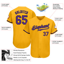 Load image into Gallery viewer, Custom Gold Purple-Black Authentic Baseball Jersey

