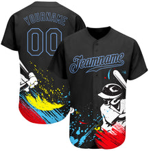 Load image into Gallery viewer, Custom Graffiti Pattern Black-Light Blue 3D Authentic Baseball Jersey
