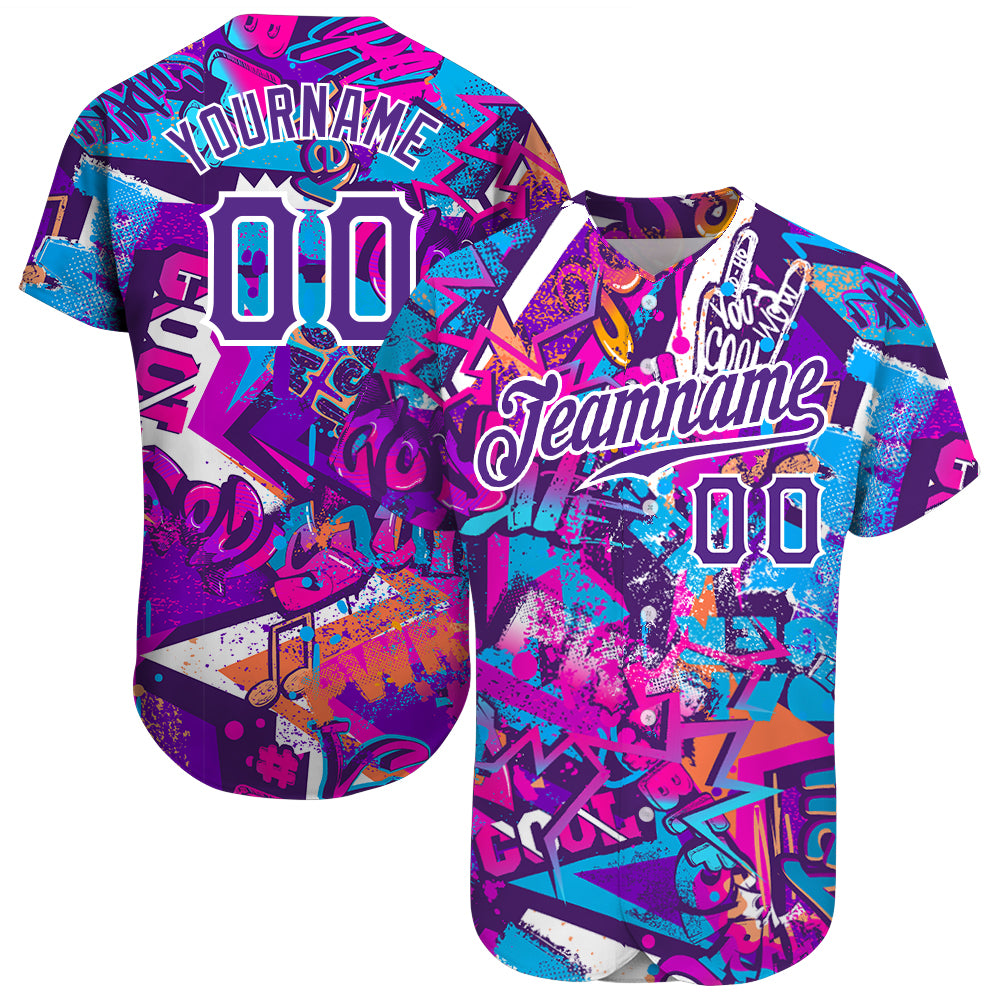 Custom Graffiti Words Pattern White-Purple 3D Authentic Baseball Jersey