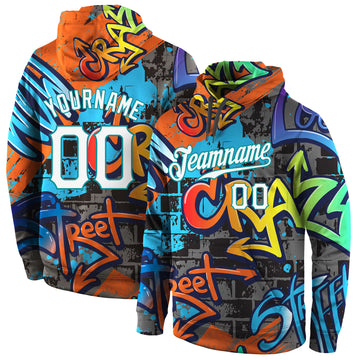 Custom Stitched Graffiti Pattern White-Aqua 3D Sports Pullover Sweatshirt Hoodie