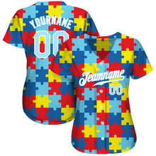 Load image into Gallery viewer, Custom Autism Awareness Puzzle Pieces Light Blue-White 3D Authentic Baseball Jersey

