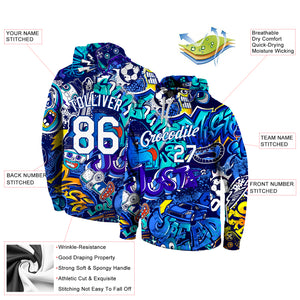 Custom Stitched Graffiti Pattern White-Royal 3D Sports Pullover Sweatshirt Hoodie